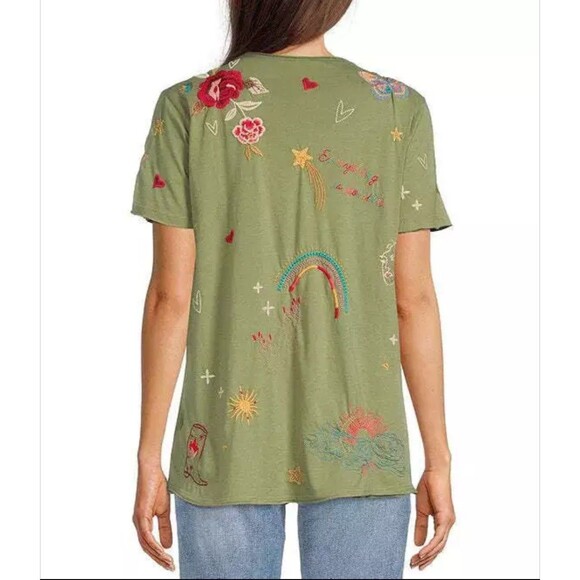 Johnny Was Top Shirt Embroidery Monroe Everyday Tee Moss Green Small - Picture 2 of 8